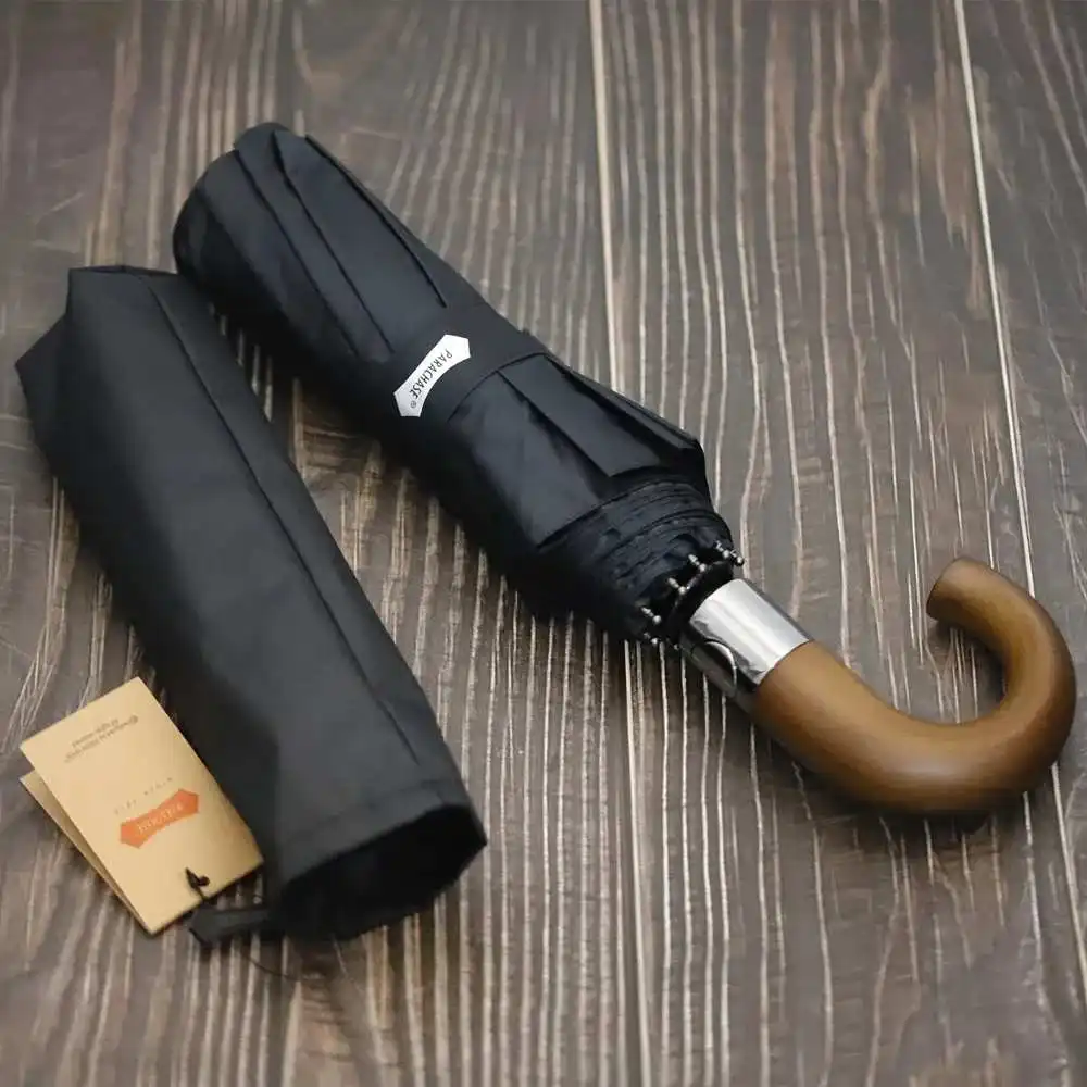 PARACHASE 10-rib wooden curved handl automatic folding umbrella rain wind resistant