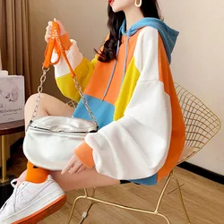 Spring Contrast Color Hoodies Womens Thin Autumn 2022 Wild Loose Long-sleeved Hooded Jacket Splicing Hoodie Cute Women Clothes