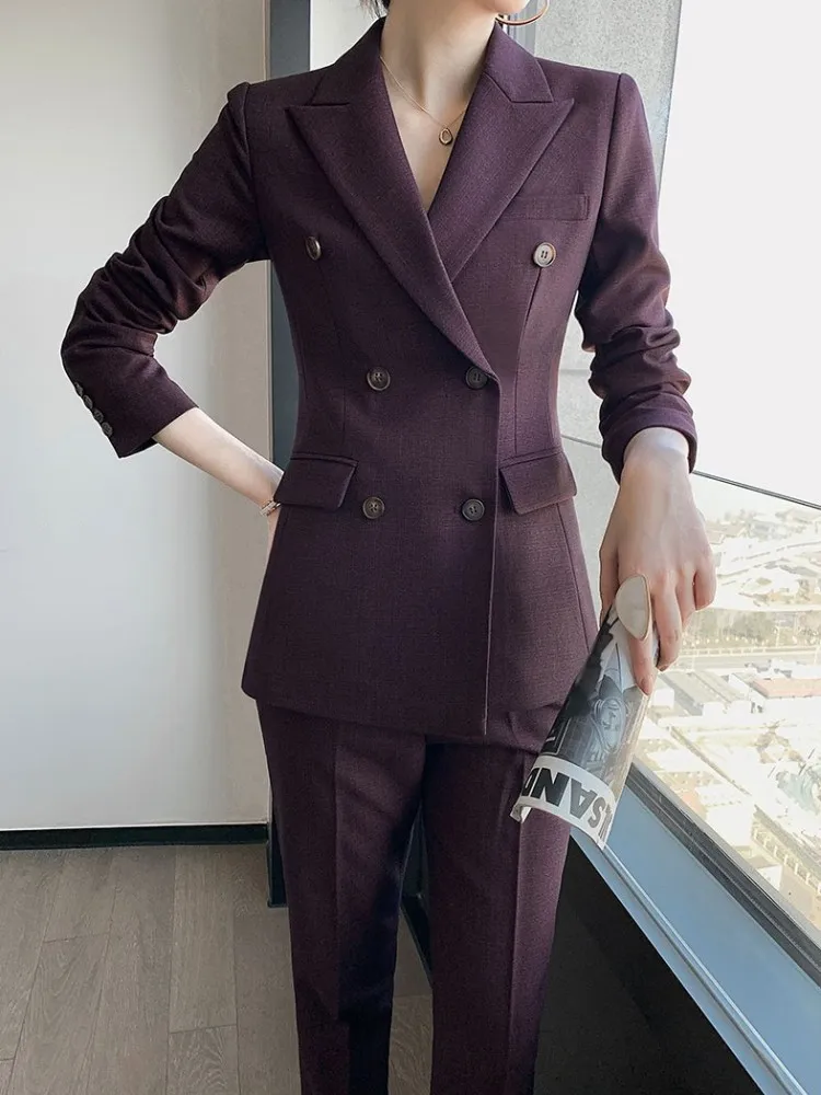 Business Formal Office Ladies Elegant Suits Set Vintage Design Wine Red Double Breasted Blazer Pencil Pants Women Two Piece Set