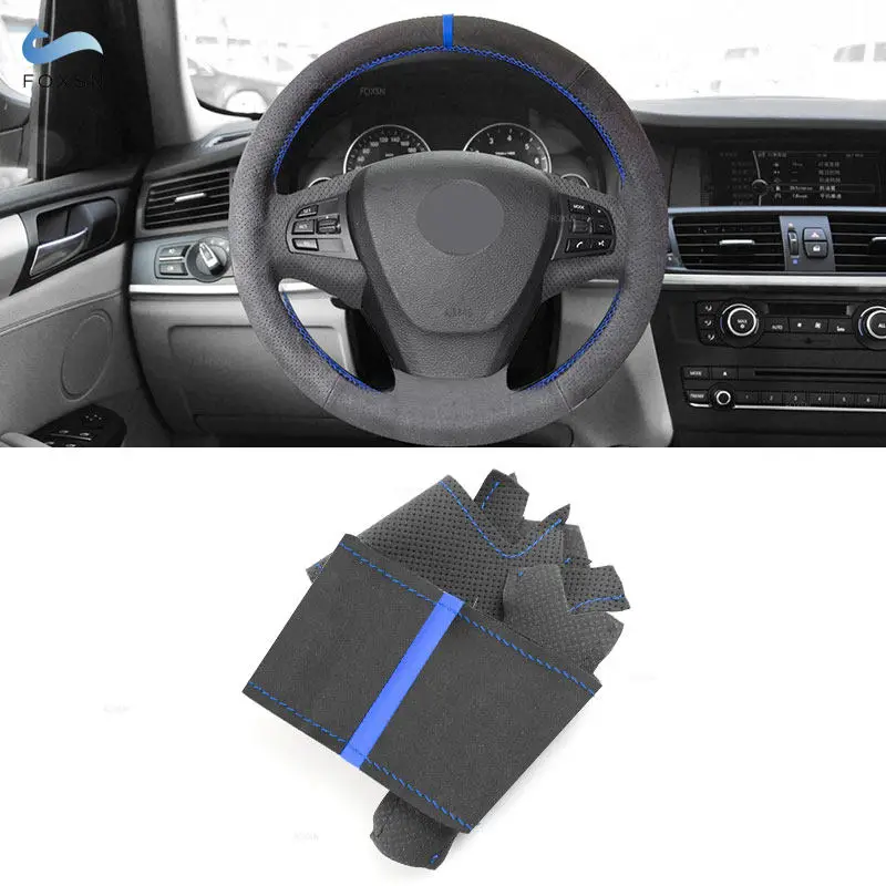 Per Bmw X3 F25 2011-2016 X5 F15 2013-2017 Pelle Scamosciata Blu Bar Cucito A Mano Coprivolante Interno Auto Rivestimento Protettivo