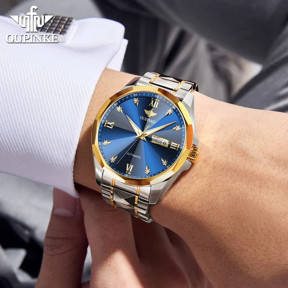 OUPINKE 3313 Man Automatic Watch Rhombus Mirror Mechanical Watch For Men Waterproof Dual Calendar Luxury Men's Dress Wristwatch