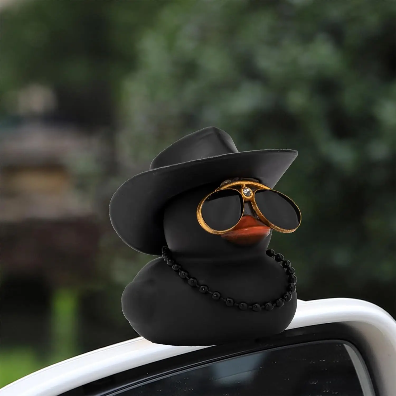 Car Dashboard Black Rubber Duck Ornament, Car Decoration Colour Ducks Accessories with Mini Hat Necklace and Sunglasses Rubber D 6