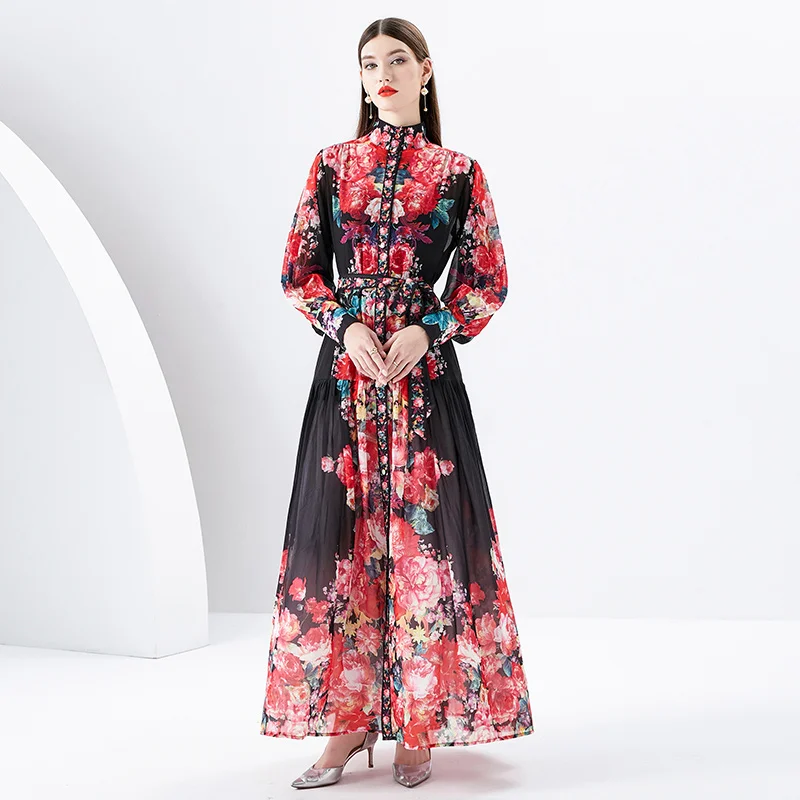 

2023 new fashion elegant party women's dress stand collar lantern sleeve wavy edge long printed dress