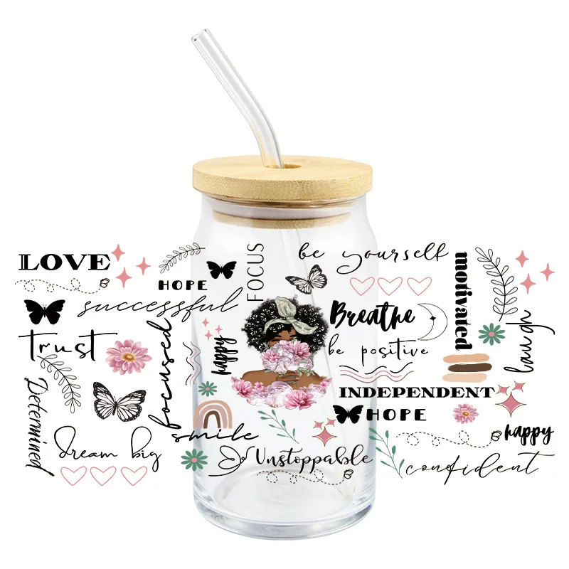 Black Woman UV DTF Wrap Transfer Stickers Beautiful Gril Design DTF Wrap For Mugs Glasses Coffee Cups Waterproof Decal