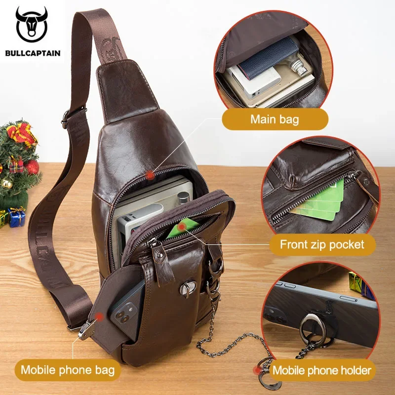 BULLCAPTAINN 100% originální kůže pánské komora brašna bedra messenger pytle komora móda značka multifunkční mobilní telefon bag's