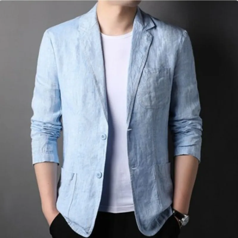 Fashion Coat Men's Linen Blazer Spring Autumn Cotton Jacket Solid Slim Casual Business Suit Male Tops European-style Dress