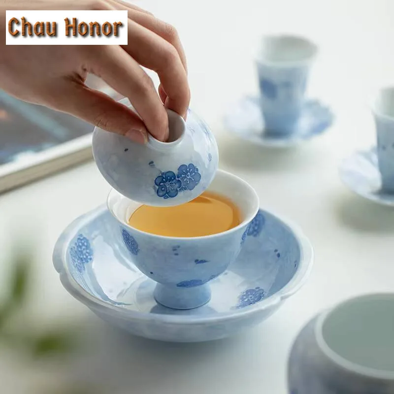 Pure Hand-painted Fog Blue Cherry Blossom Ceramic Pot Bearing Table Holder Household Tea Tray Kung Fu Tea Set Fruit Snack Plate