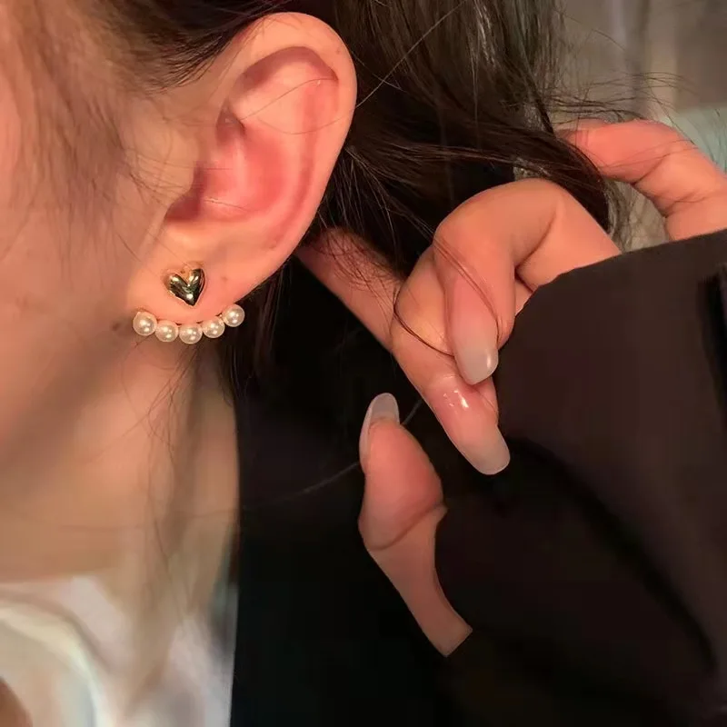 New Trend Love Heart Earrings Back Hanging Pearl Zircon Stud