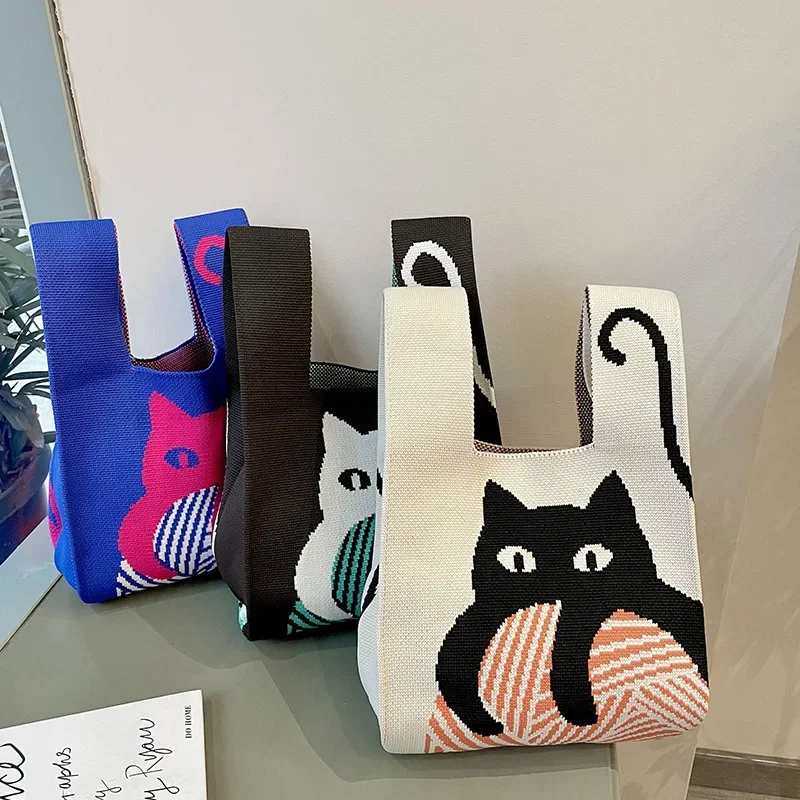 

Knitting New Niche Design Cartoon Cat Woven Handbag Hand Bag Vest Bag Women's Bag Small Fresh and Cute