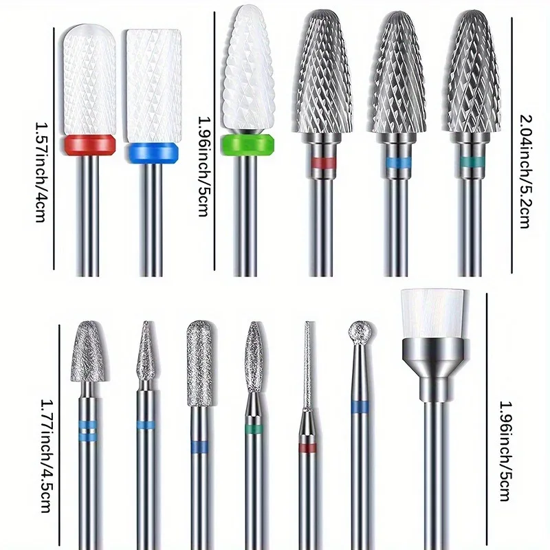 Diamond Carbide Nail Drill Bits Set 13PCS/SET 3/32" Hypoallergenic For Acrylic Nails Cuticle Nail Polish Remover