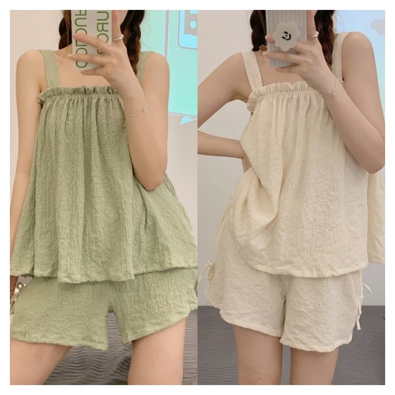 Short women's pajamas in two pieces with straps for girls, loose sleeveless loungewear, thin cotton, sweet and cute, homewear, summer.