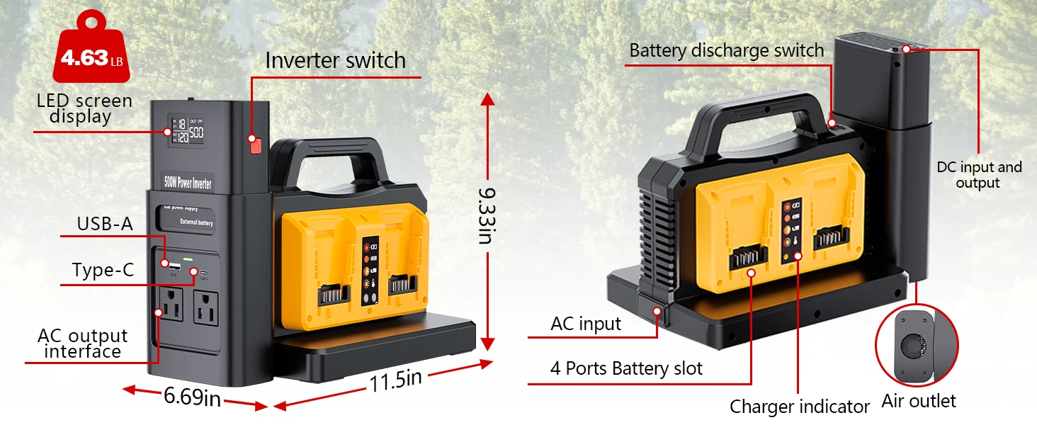 2 in 1 500W Power Inverter Battery Charger Compatible with Dewalt 20V Battery Ge