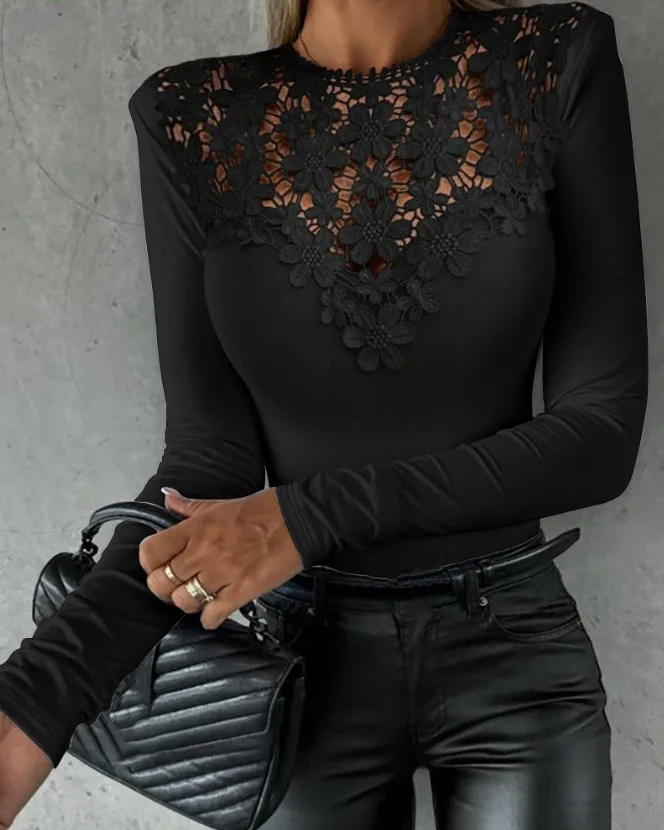 

Elegant Long Sleeves Blouse for Women Daily Casual Wear Slimming Lace Patch Skinny Party Tops Temperament Commuting Fashion 2023