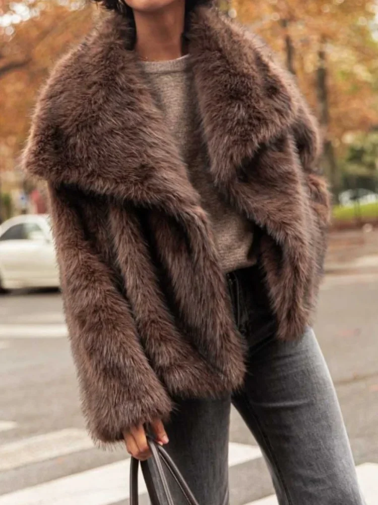 Brown Big Lapel Faux Fur Fury Women's Coats Fluffy Long Sleeved Thick Warm Fury Jackets 2024 Winter Lady Casual Street Outwear 3