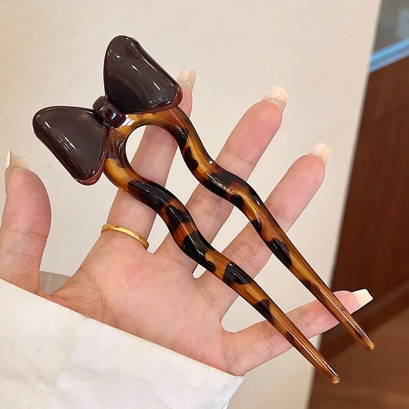 U-Shaped Hair Fork Fashion Tortoiseshell Acetate Bow Hairpin Geometric Design Headwear Hair Sticks Women Girls Hair Accessories