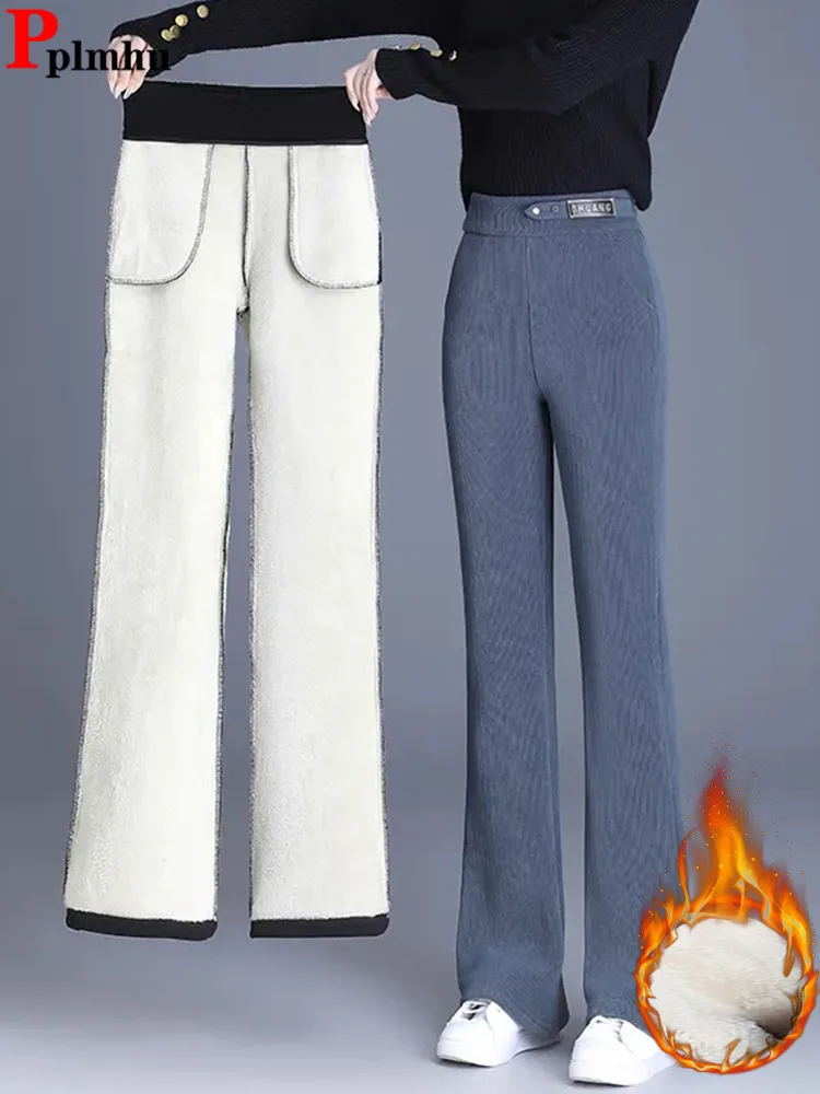 

Oversized Lambwool Lined Warm Solid Straight Pants Korean Winter Thicken Women Pantalones Casual Baggy High Waist Spodnie New