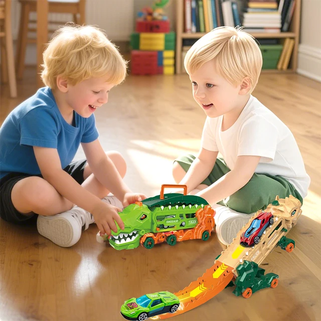 Transport Dinosaur Truck with Foldable Sliding Race Track, Transforms into Standing T-Rex & Trike, Best Birthday Gift for Kids 5
