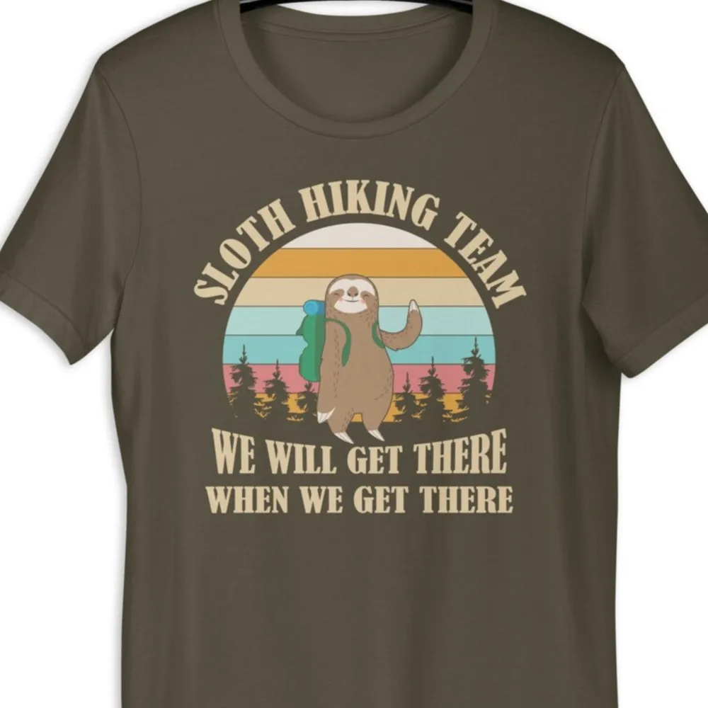 

Sloth Hiking Team We Will Get There Vintage T-Shirts Crew Neck Premium Cotton Tops & Tees For Men