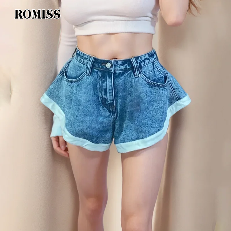 

ROMISS contrast stitching pocket denim shorts lady high -waisted stitching buttons casual short pants female fashion new