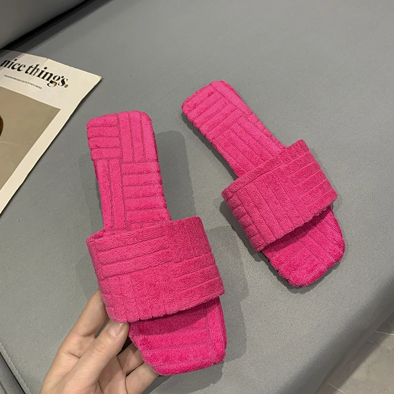 2023 NewTowel Pattern Slippers Women New Embossed Cotton Drag Home All-match Sandals Candy Color Slippers Furry Slides for Women