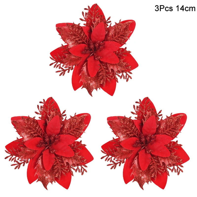 thumbnail image 1 of 3 piezas de flores navideñas de 14 cm con purpurina artificial, flores de color rojo dorado, bayas, adornos para árbol de Navidad para el hogar, Año Nuevo, 1 of 5