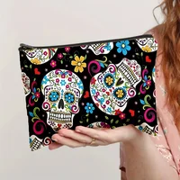 Portable Flower Skull Cosmetic Bag Linen Fabric Makeup Organizer for Travel Lightweight Fashionable Cosmetic Bag Zipper Pouch 1