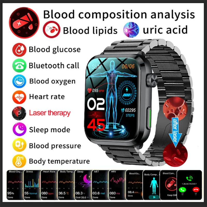 2024 Di Grasso Sanguigno + Zucchero Nel Sangue Non Invasivo + Terapia Laser + Frequenza Cardiaca + Pressione Sanguigna + Temperatura + Chiamata Blueto