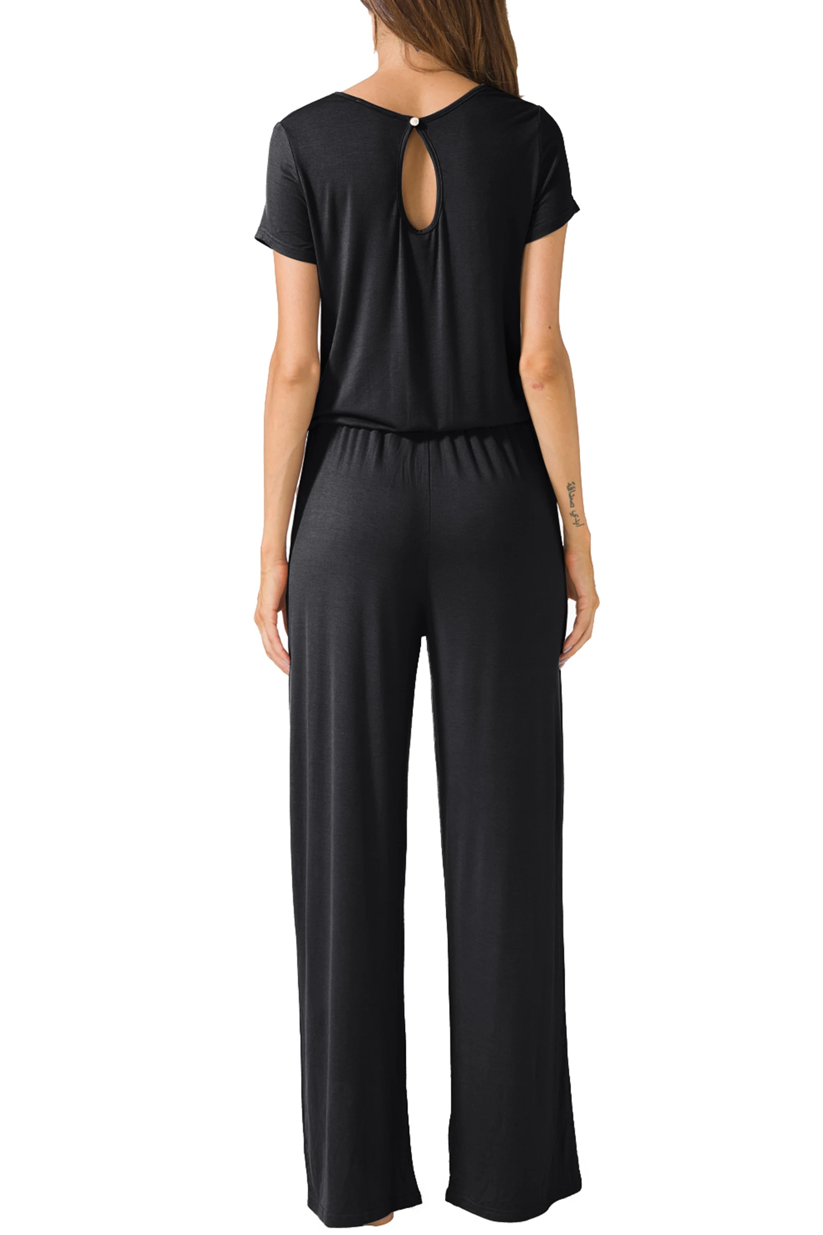 LEVACA Womens Drawstring Solid Round Neck Loose Wide Legs Casual Summer Jumpsuits
