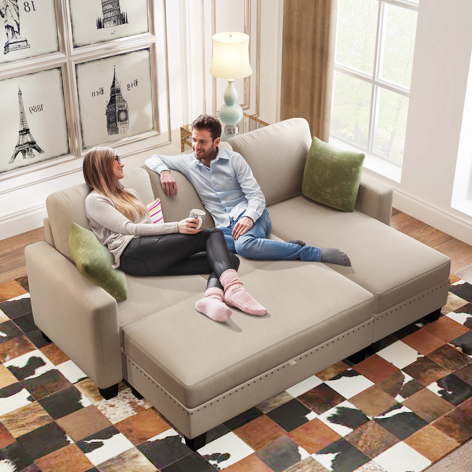 

[New]81" L Shaped Sofa Set Nailheaded Textured Fabric 3 Pieces Sofa Rectangle Storage Ottoman Warm Grey[US-W]