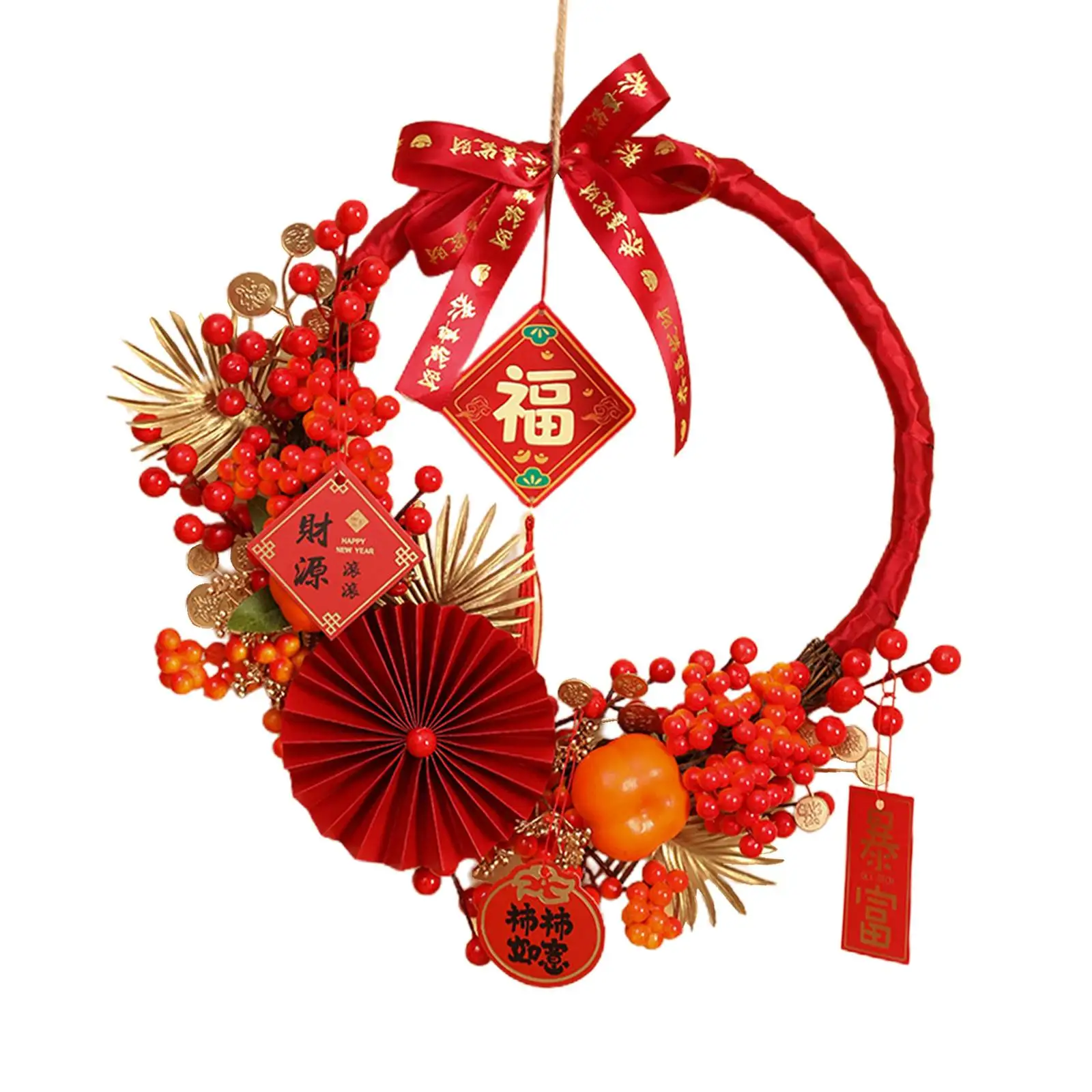 New Year Wreath Front Door Hanging for Spring Festival Fireplace Celebration