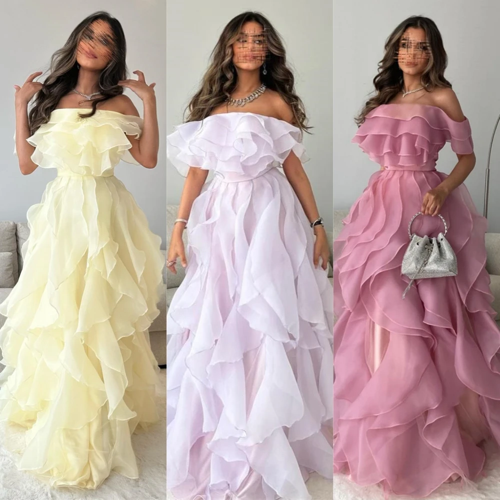 

Elegant Off the Shoulder A-line Party Dress Floor Length Ruched Organza Formal Evening Gowns Summer فساتين السهرة