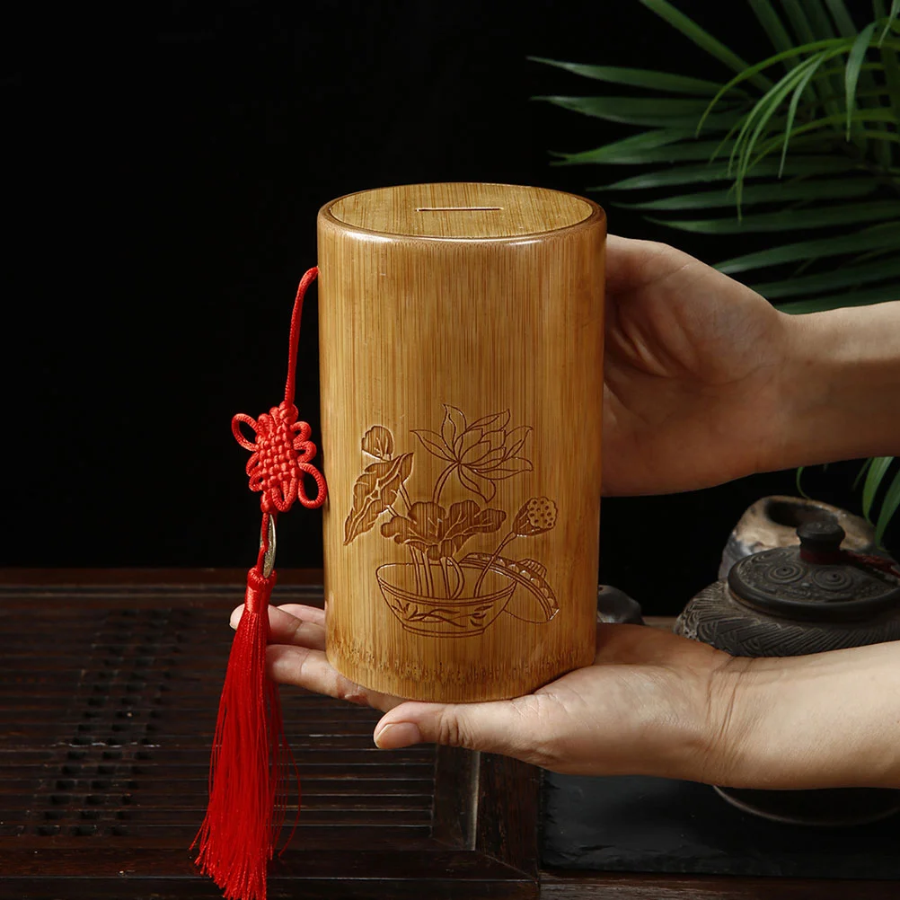 Bamboo Piggy Bank Coin Saving Jar Reliable Decor Chinese-style Money Household Container 2
