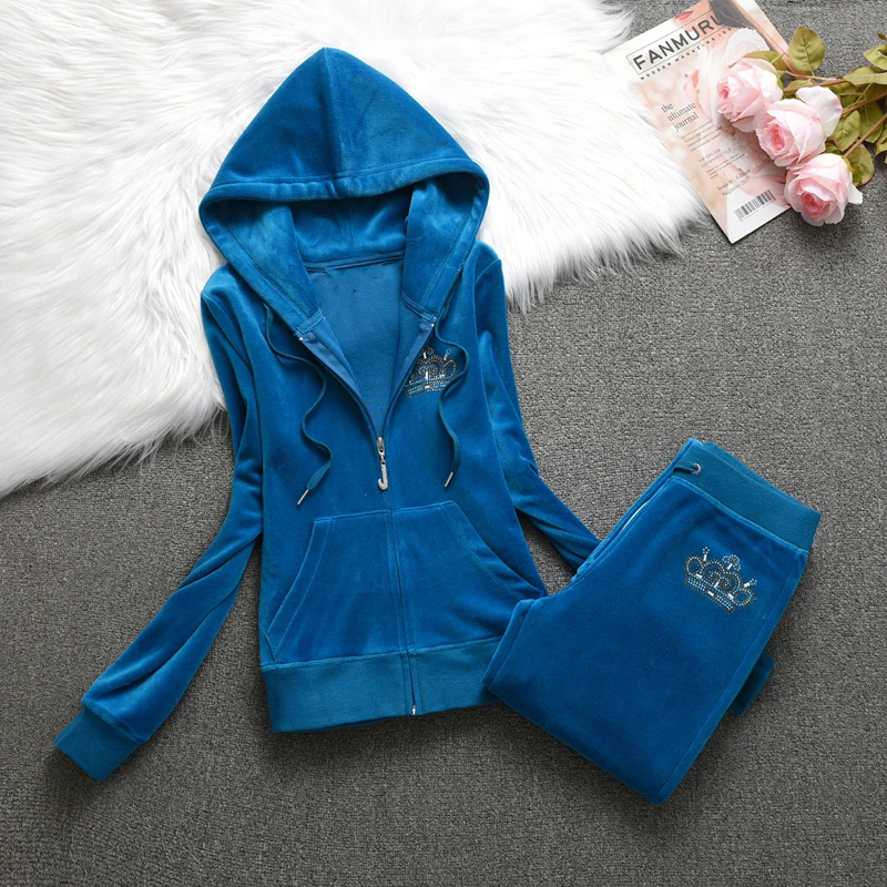 2025 Women Hooded Velvet Tracksuit Warm Two-Piece Set Velvet Tracksuit Crystal Pattern Jacket + Casua Long Pants 2Pcs 4