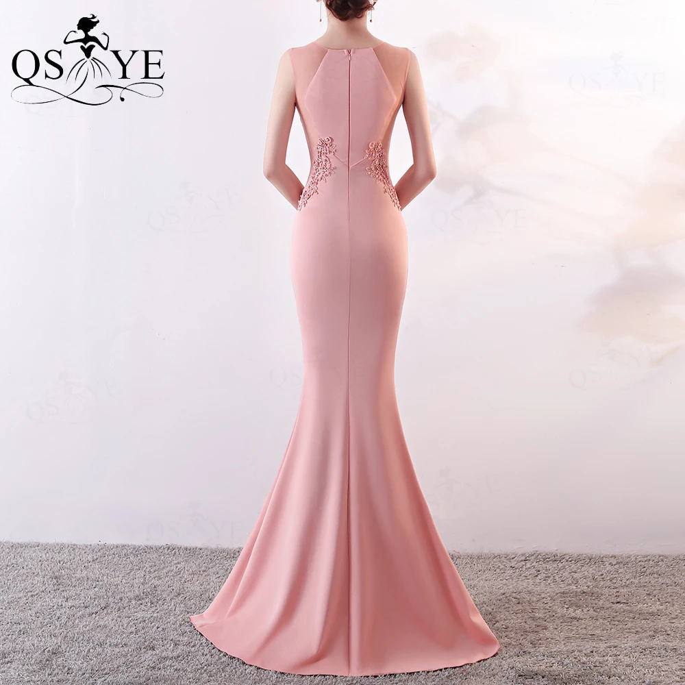 Pink Bridesmaid Dresses Illusion Waist Beaded Applique Lace Evening Prom Gown Sleeveless Long Fit Satin Formal Party Gown chic bridesmaid dresses