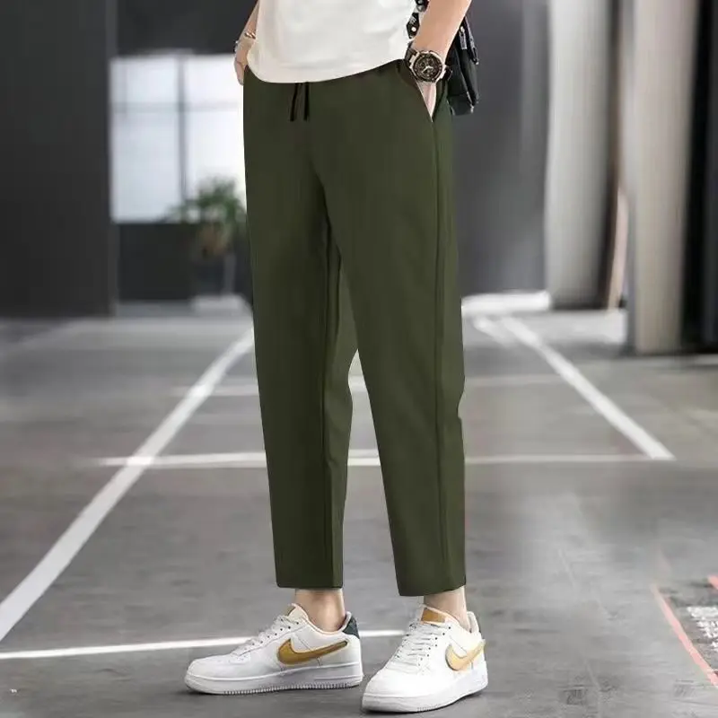 Summer Korean Men Casual Straight Cropped Pants Streetwear Fashion Elastic Waist Drawstring Basic Solid New Thin Slim Trousers