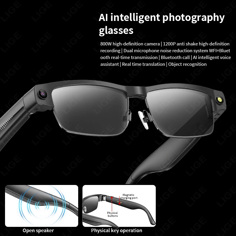 LIGE AI Smart Glasses Chat Voice Assistant Control 270mAh Battery 800W HD Camera 1200P Video Shoot Bluetooth Call Sunglasses New