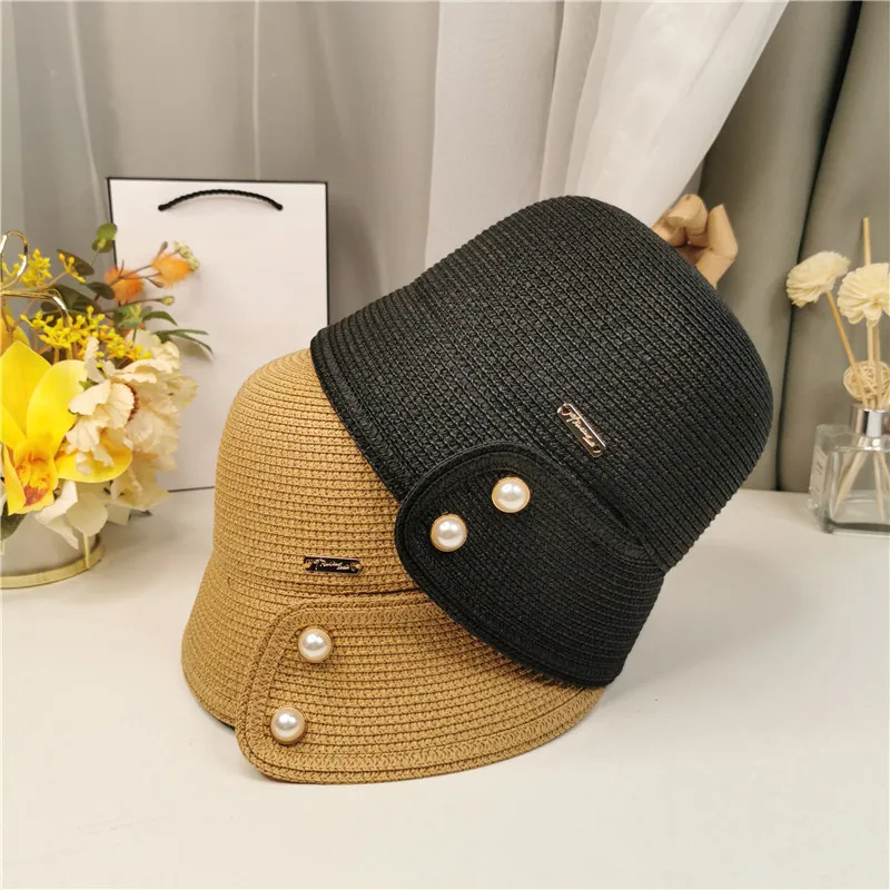 

Japanese Style Women Deep Bucket Hat Pearl Straw Sun Hat Spring Outdoor Holiday Women Sombrero Summer Breathable Woven Sun Caps