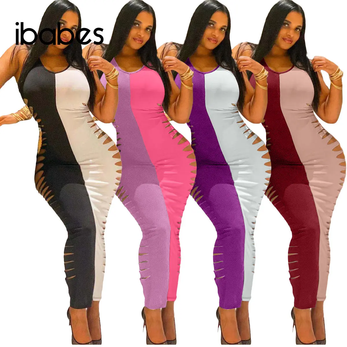 

Ripped Hole Women Long Maxi Dress Color Patchwork Bodycon Vest Dress 2023 Summer Beach Dresses Sexy Night Club Party Vestidos