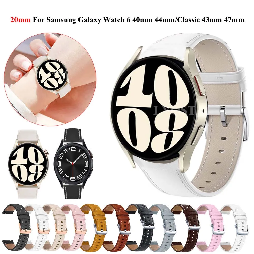 

Кожаный ремешок для Samsung Watch 6/4/5 40 44 мм Pro 45 мм, браслет 20 мм для Galaxy Watch 4 6 Classic/Active 2/3 42 43 47 46 мм