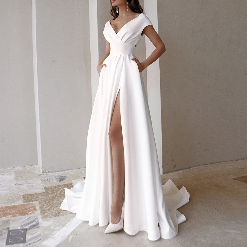 

New V-neck Short Sleeve Simple Wedding Dress Floor Length Skirt Form Dress Robe de mariage