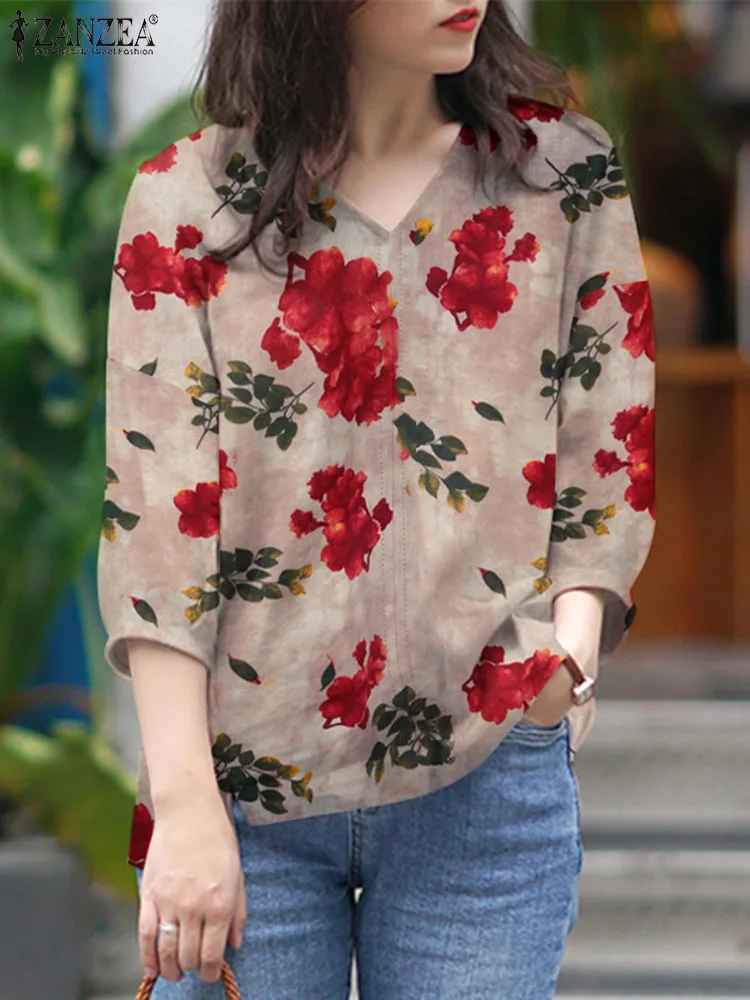 

Повседневные богемные праздничные топы, туника ZANZEA, летняя блузка с цветочным принтом, женская рубашка с V-образным вырезом и рукавом 3/4, повседневные женские блузы