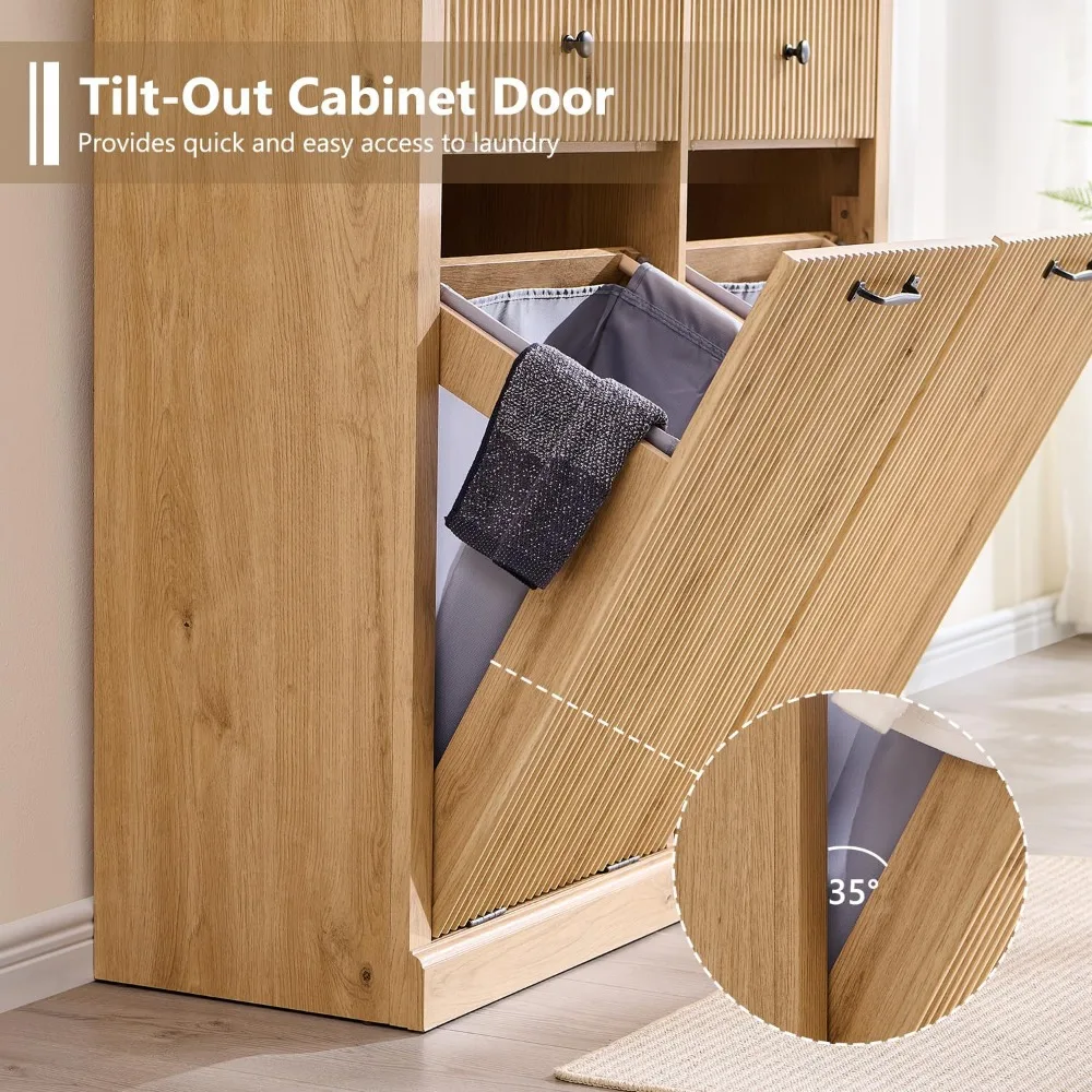 Modern Double Tilt-Out Trash Cabinet, 20 Gallon Fluted Laundry Hamper Cabinet with 2 Drawers, Wooden Hidden Garbage Can Cabinet 6