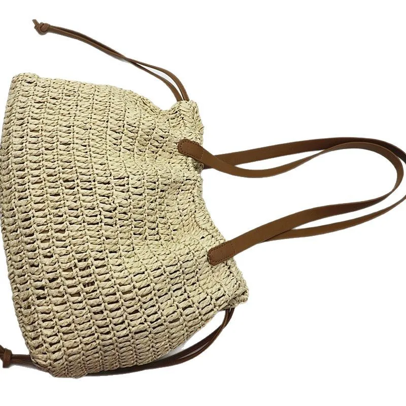 Drawstring Straw Bag for Women Top Handle Bag Summer Beach Woven Boho Rattan Large Capacity Tote Ladies Shopper Clutch