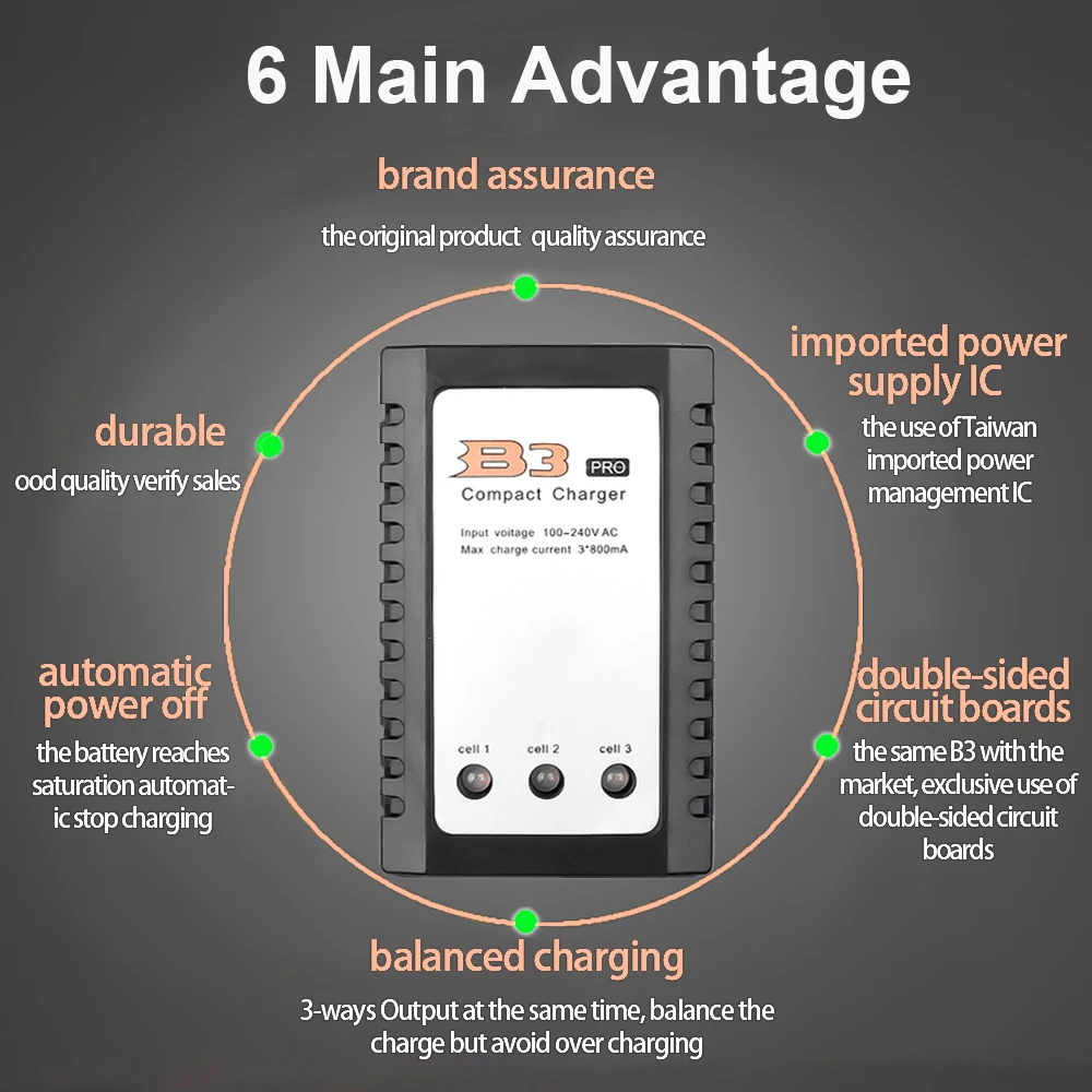 

B3 Pro Compact Balance Charger for 2S 3S Lipo for 10W 7.4V 11.1V Lithium LiPo Battery Charger for iMaxRC iMax EU/US Plug