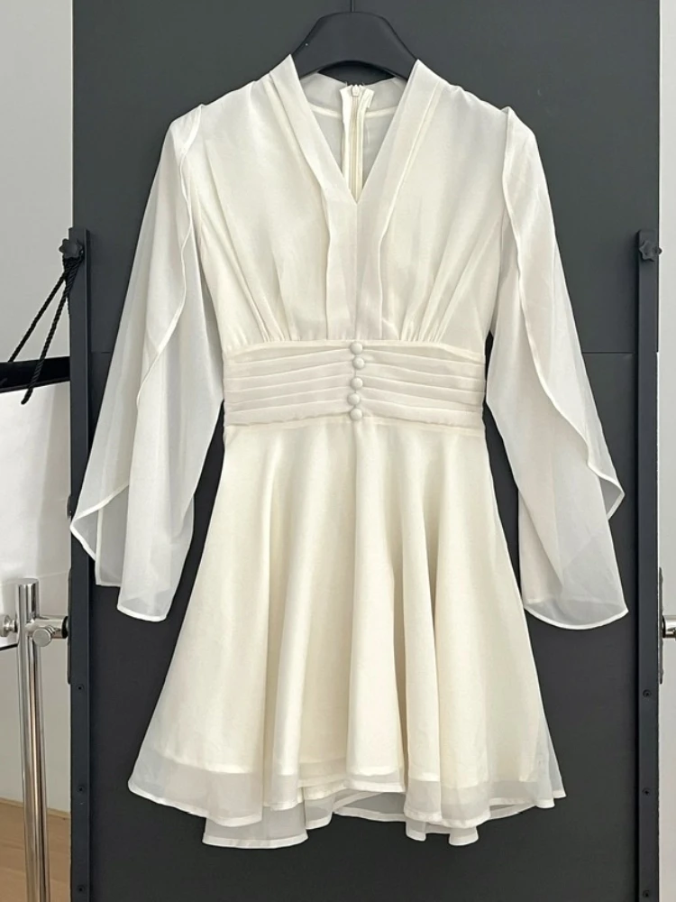 Elegant Solid Chiffon Short Dresses for Women V-neck Long Sleeve High Waist Ruffles A-line Korean Fashion One Piece Vestido New