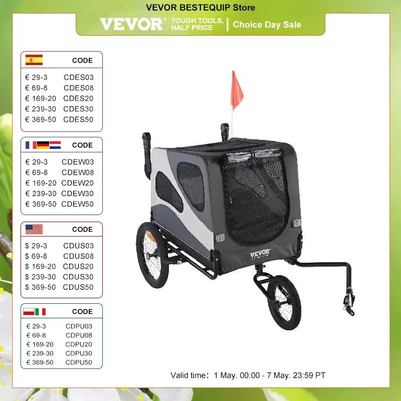 

VEVOR 100lbs Dog Bike Trailer 2-in-1 Pet Stroller Cart Bicycle Carrier Folding Cart Frame with Wheels Reflectors Flag for Dogs