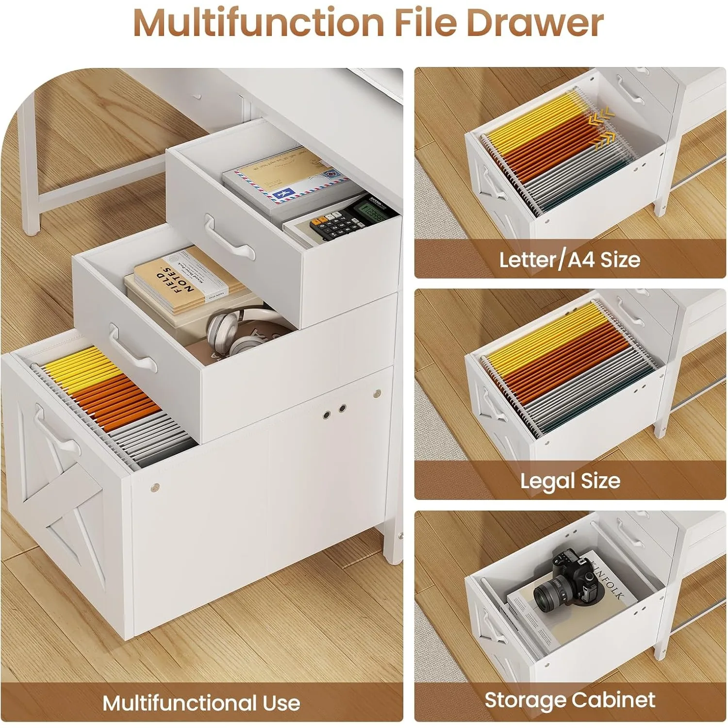 Office Desk with 5 Fabric Drawers, Computer Desk with Drawers,Farmhouse Desk with Headphone Hooks for Home Office (39 inch) 5