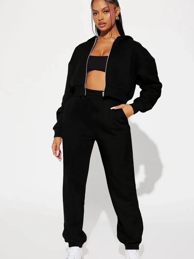 

Casual Fashion Black 2 Piece Outfits Homecoming Sets For Female Zip Up Short Hoodies + High Waistline Trousers Sets Leisurewear