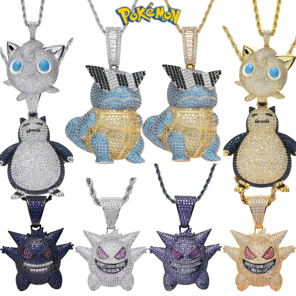 

Ожерелье с микро-инкрустацией из циркона в стиле хип-хоп, ожерелье с изображением сквиртла, снорлакса, джигбуфея, гэнгара, Пикачу, покемона, мультяшное ожерелье для пары