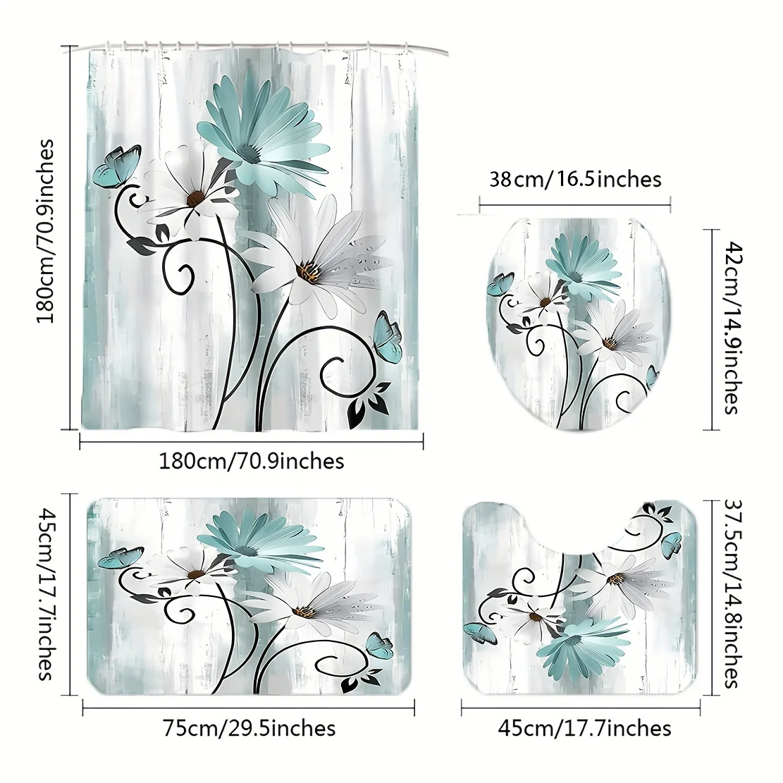 4pcs Floral Wooden Pattern Shower Curtain Set, Bathroom Rug, U-Shape Mat, Toilet Lid Pad, Waterproof Curtain With 12 Plastic , B